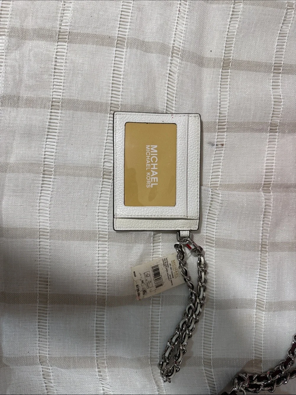 Michael Kors Cream Leather Card Holder with Silver Chain